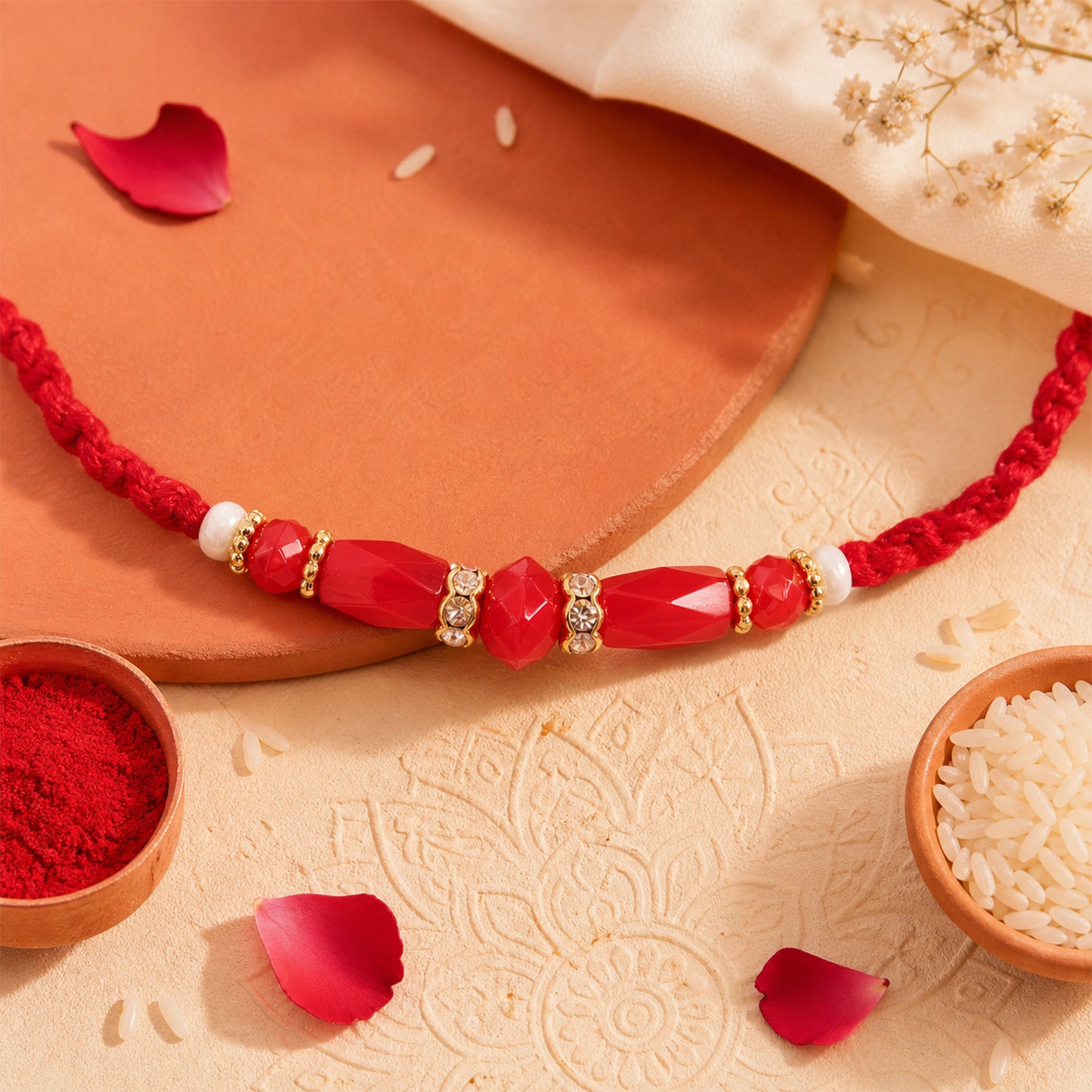 White Thread Rakhi with Smooth Red Oval Bead Accents