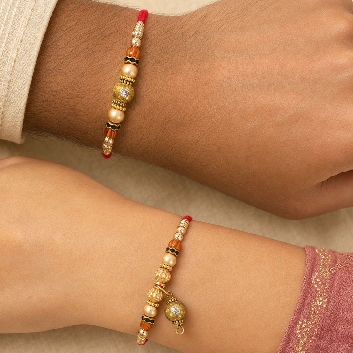 Antique Golden Ball Charm Bhai Bhabhi Rakhi with Amber Beads and Crystal Accents