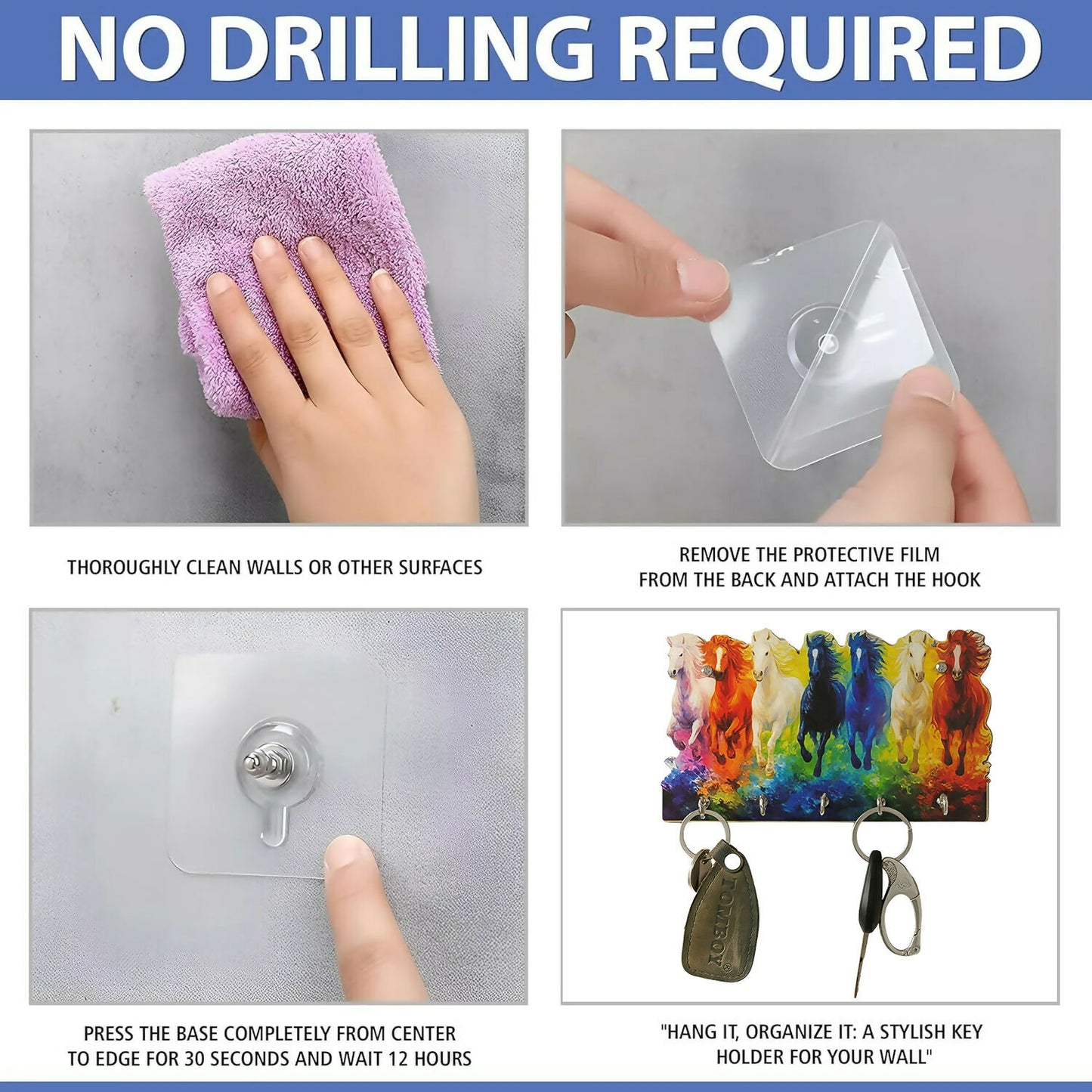 Seven Colorful Horse Wooden Key Holder | 5 Hook Wall Organizer