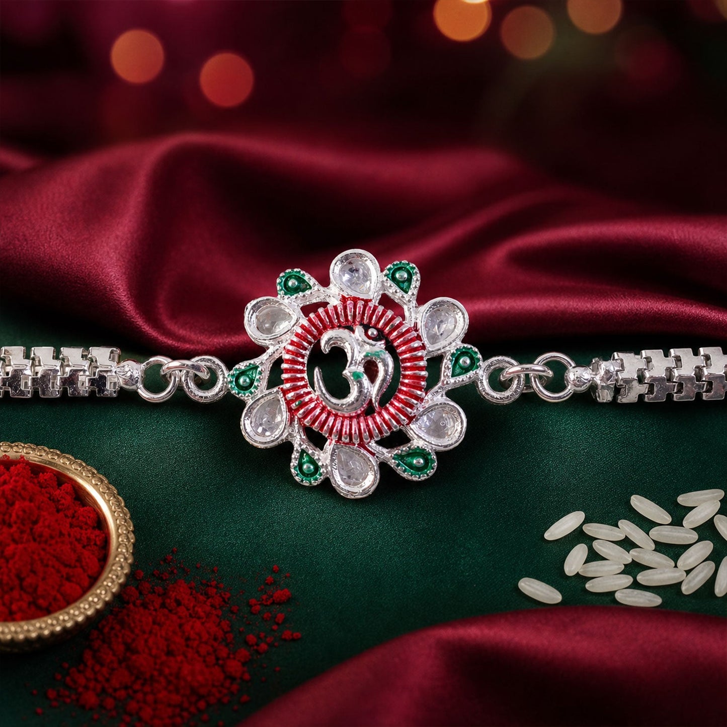 Om Rakhi Floral Design with Pink Green Accents for Raksha Bandhan (10pcs)