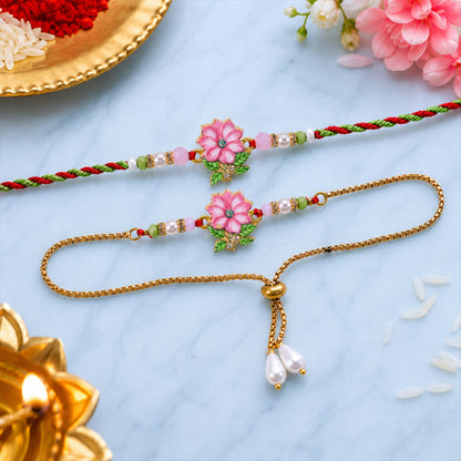 Lotus Floral Beaded Bhai Bhabhi Lumba Rakhi with Pearl Drop Pair