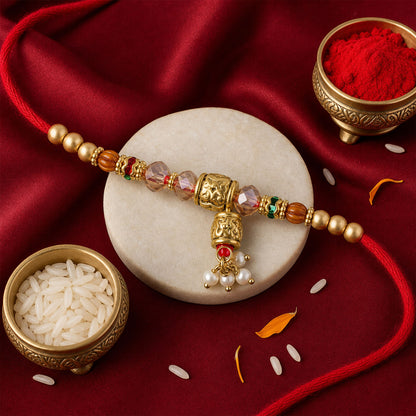 Antique Engraved Cube Bhai Bhabhi Rakhi with Crystal, Beads and Pearl Drops