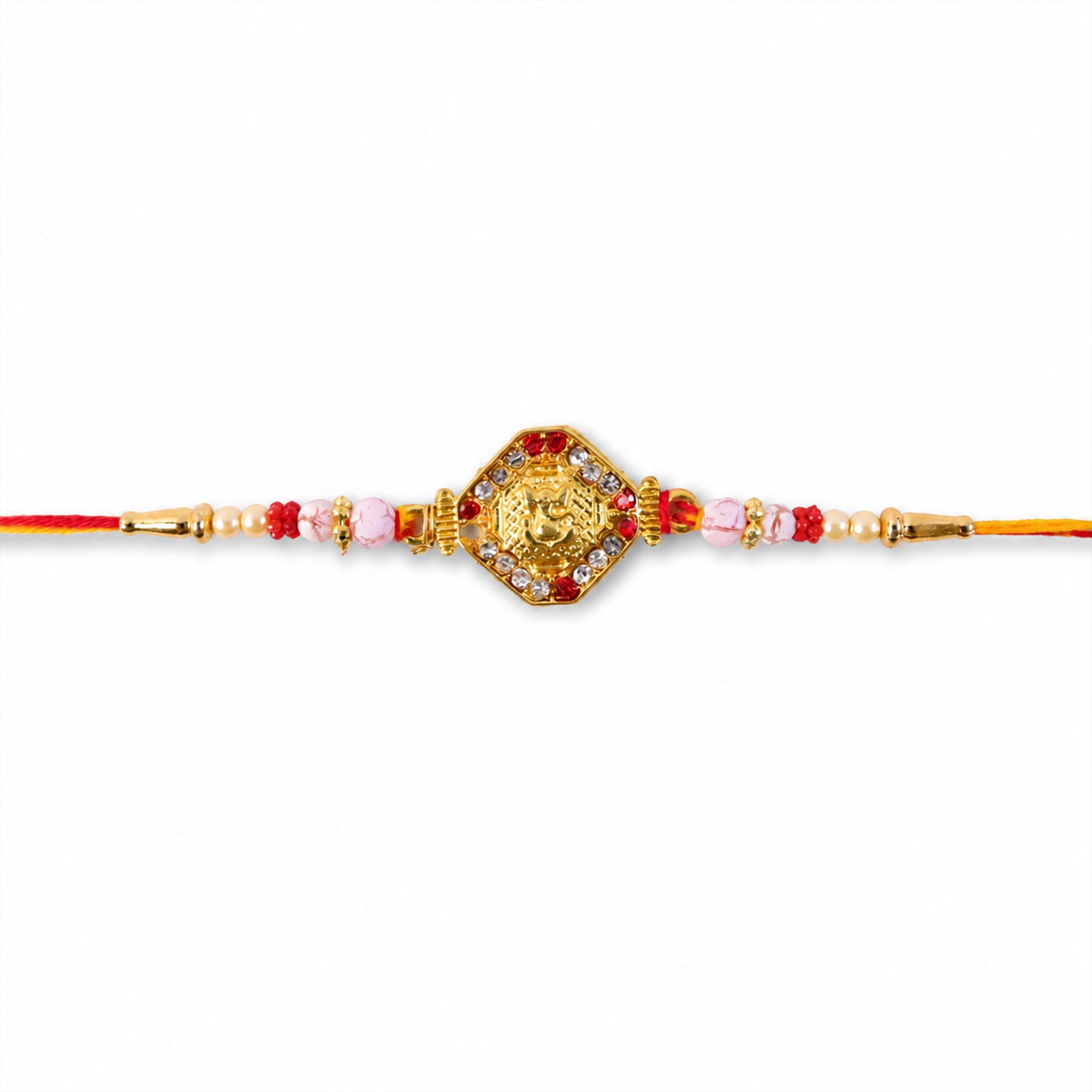 Ganesh Rakhi with Golden Beads and Red-Yellow Thread