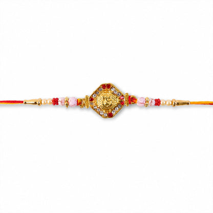 Ganesh Rakhi with Golden Beads and Red-Yellow Thread