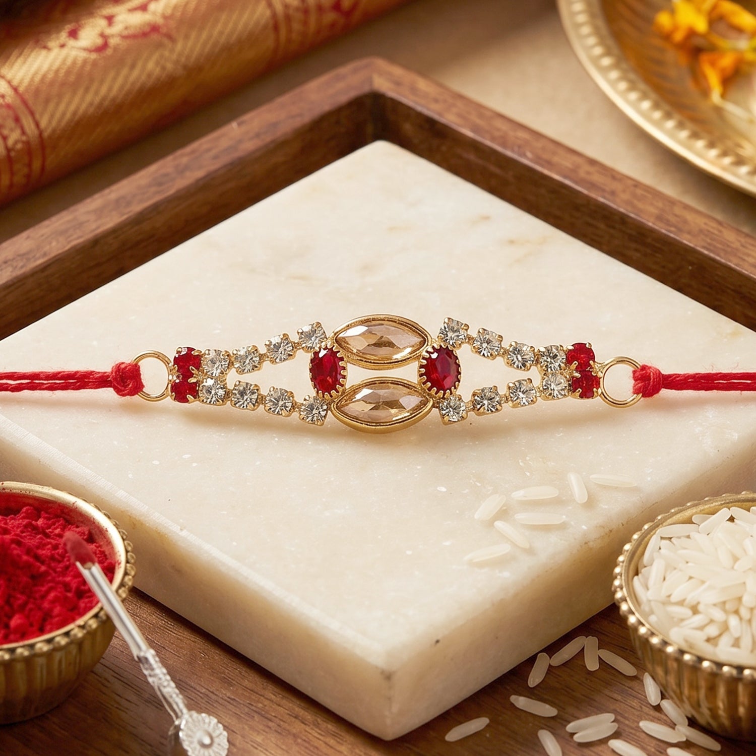 Oval Kundan Bracelet Rakhi with Red Blue Stones and Crystal Line