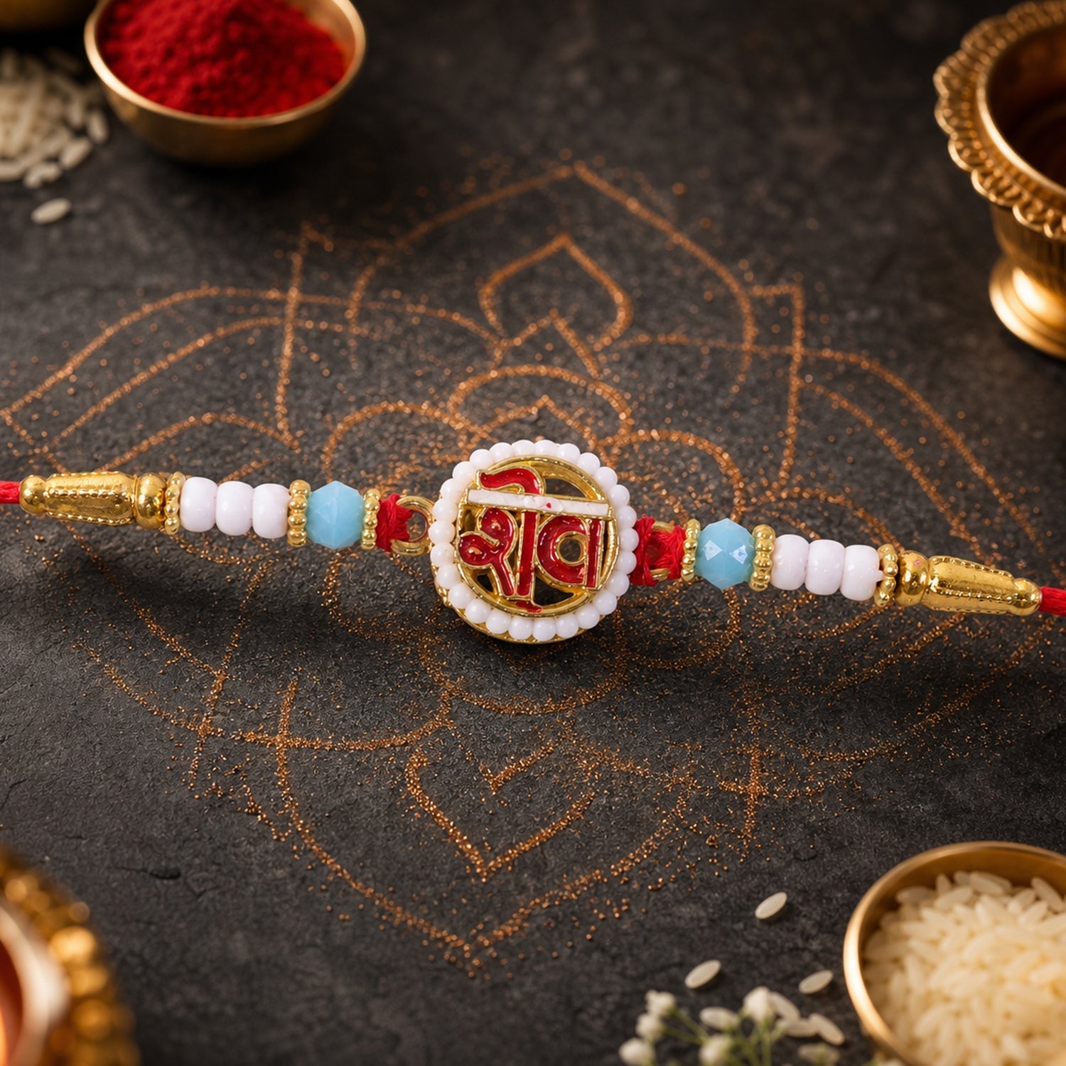 Shiv Pearl Rakhi Set with Butterscotch Chocolates, Pack of 3