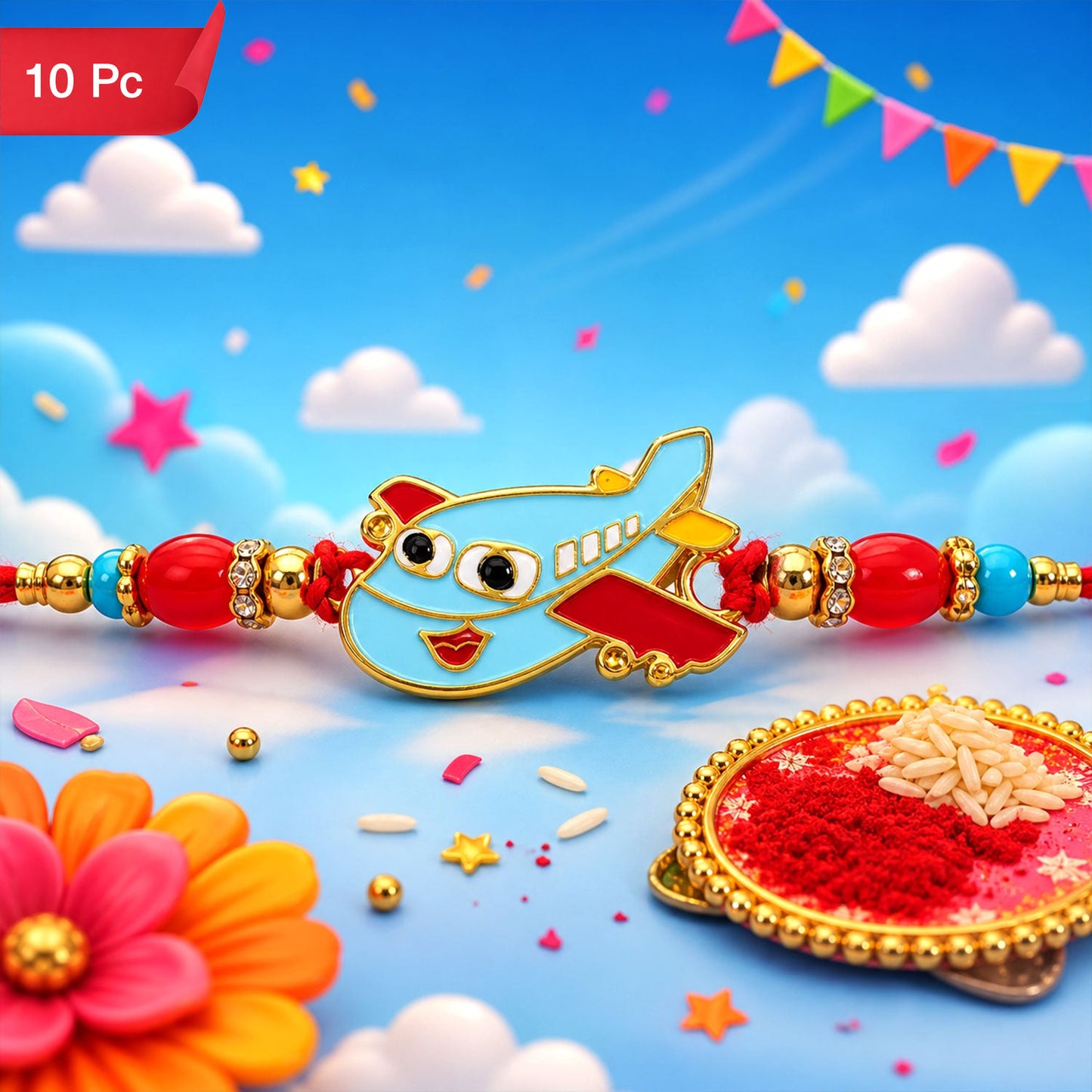 Kids Rakhi Playful Airplane Design Multicolor Beads (10pcs)