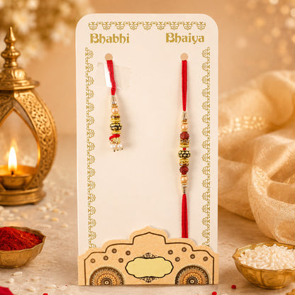 Pearl Drop Beaded Bhai Bhabhi Rakhi with Rudraksha Accents for Raksha Bandhan Gift
