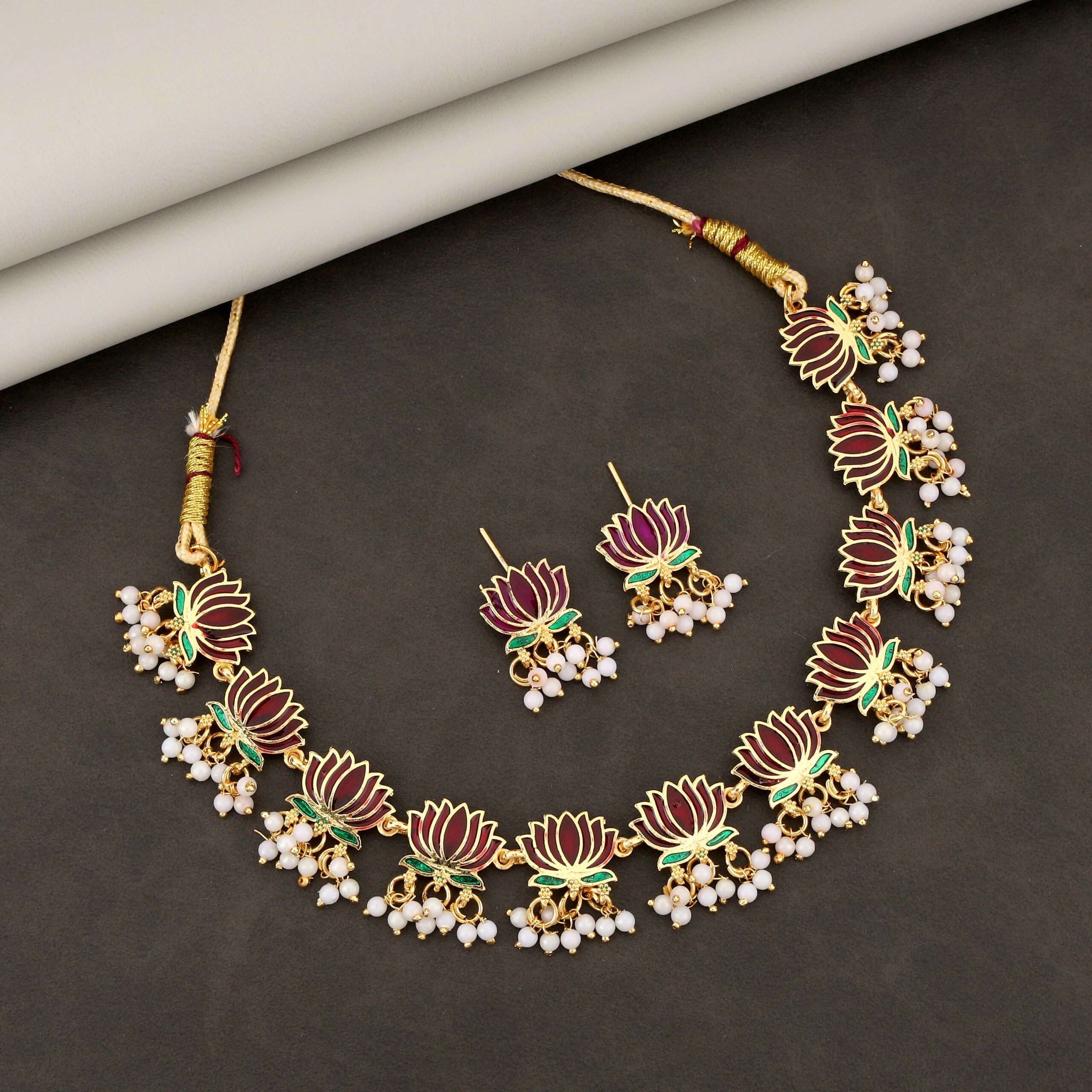 Lotus Pearl Choker Set – Gold-Toned Enamel & Faux Pearls