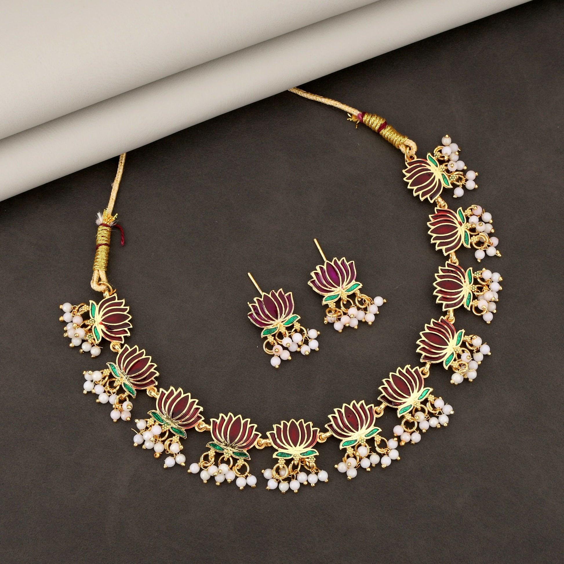 Gold-Toned maroon-Green Enamel Lotus & Pearl Choker Set