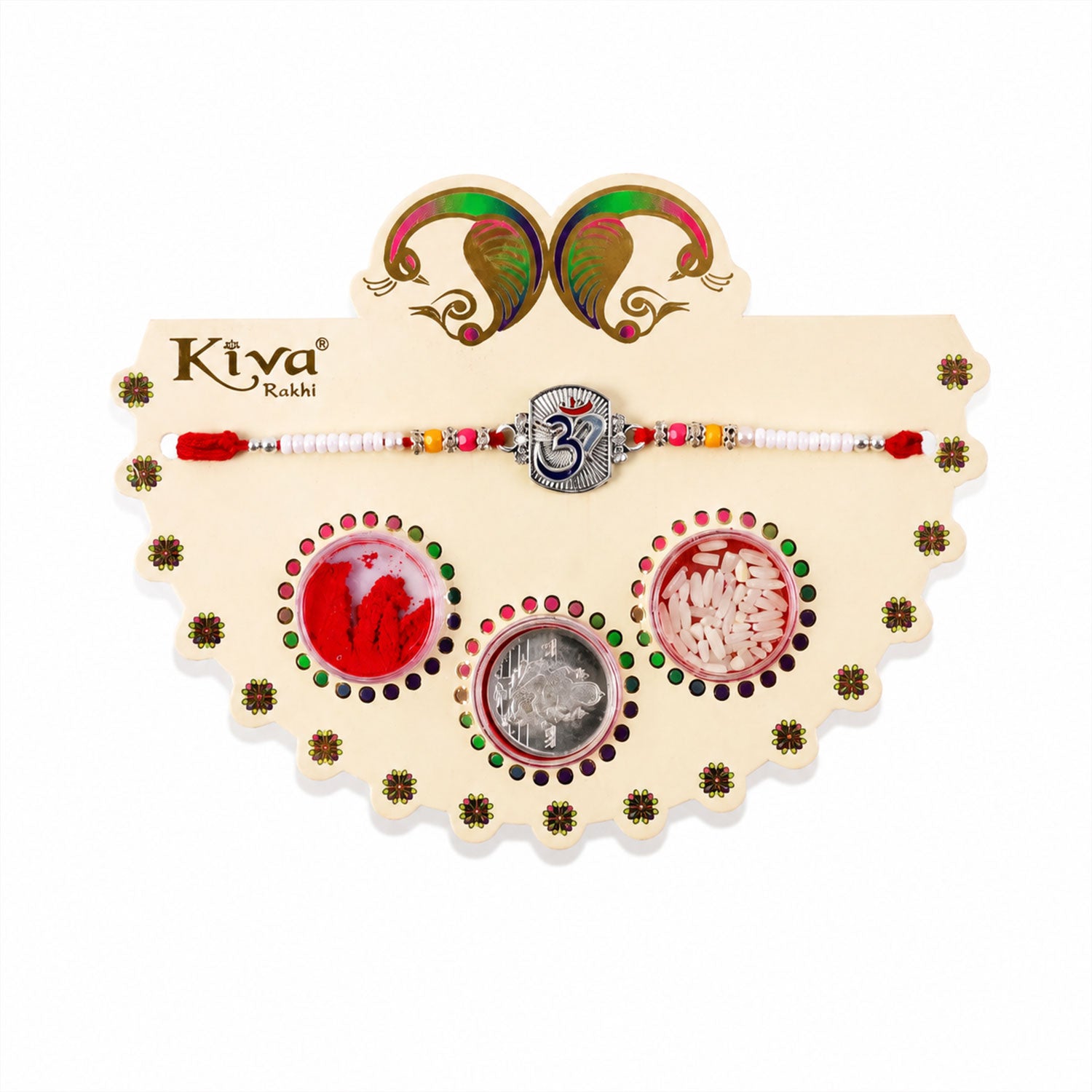 Om Symbol Silver Centre Rakhi with White Beads, Roli Chawal Coin and Peacock Gift Packing