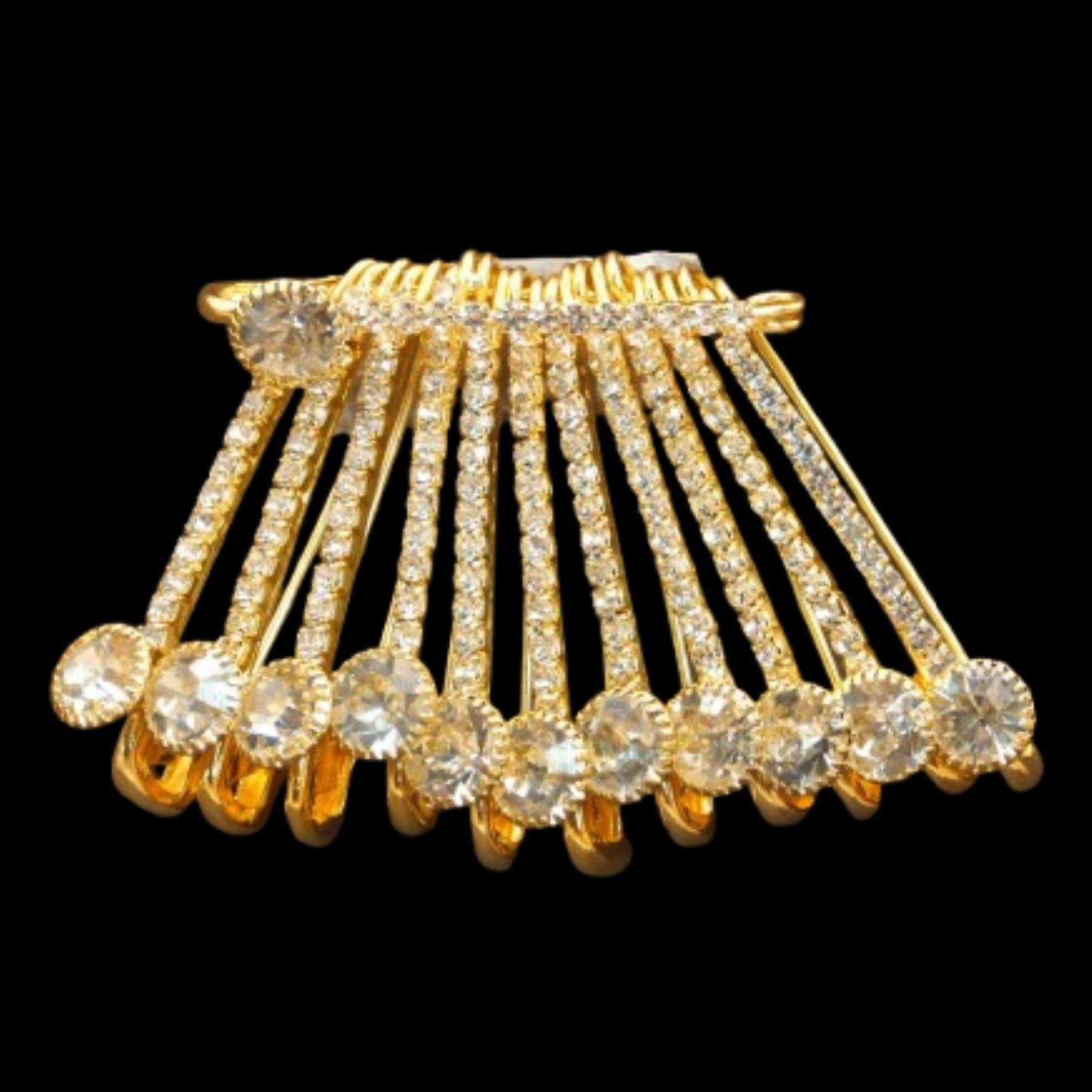 Luxury Crystal Saree Pin Brooch - Gold Tone Rhinestone Shawl Clip