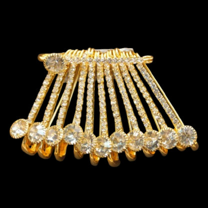 Luxury Crystal Saree Pin Brooch - Gold Tone Rhinestone Shawl Clip