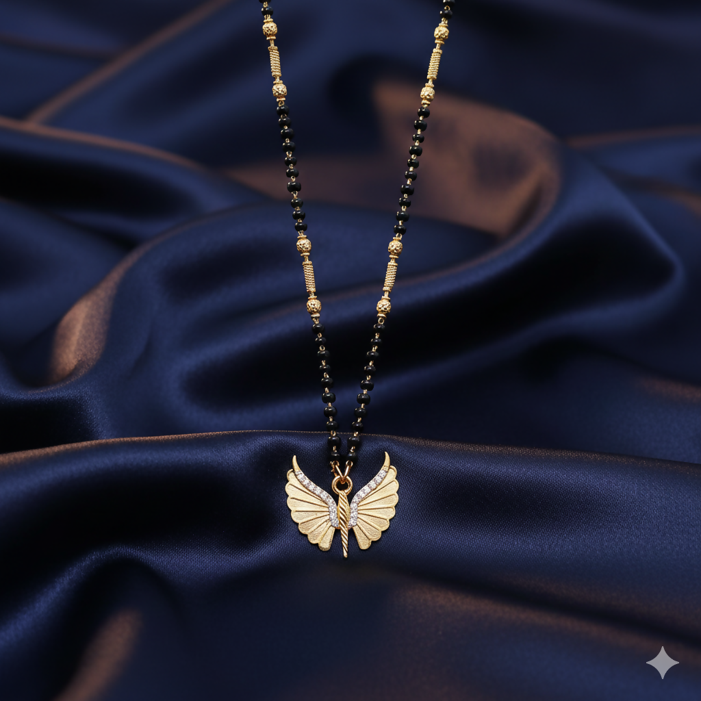 Gold-plated butterfly wing mangal sutra pendant with sparkling cubic zirconia