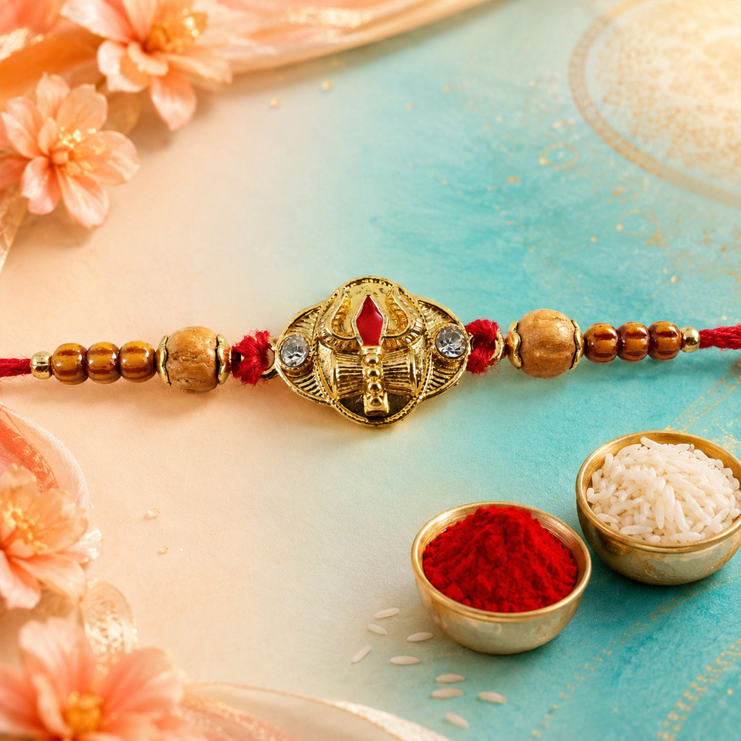 Tilak Trishul Golden Devotional Rakhi with Wooden Beads and Traditional Red Thread