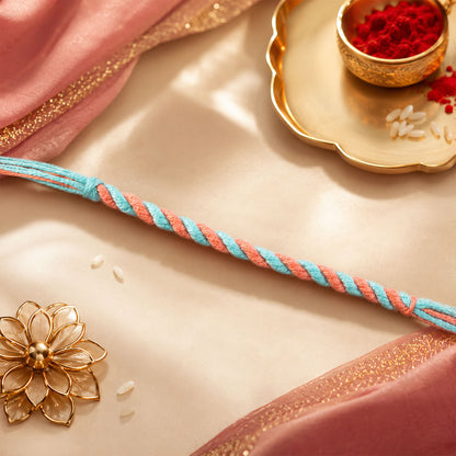 Peach-Turquoise Twisted Cord Rakhi with Beadless Pastel Design