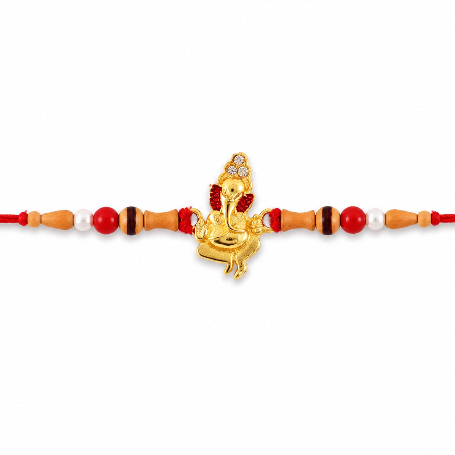 Gold Ganesh Charm Rakhi with Wooden Beads and Pearl Accents
