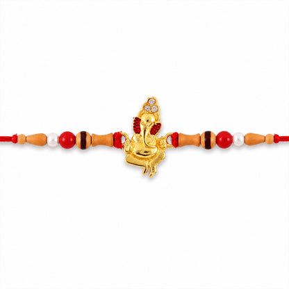 Gold Ganesh Charm Rakhi with Wooden Beads and Pearl Accents