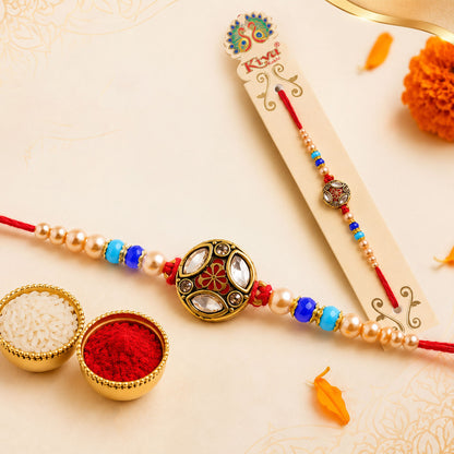 Royal Traditional Kundan Stone & Pearl Beaded Designer Rakhi for Brother