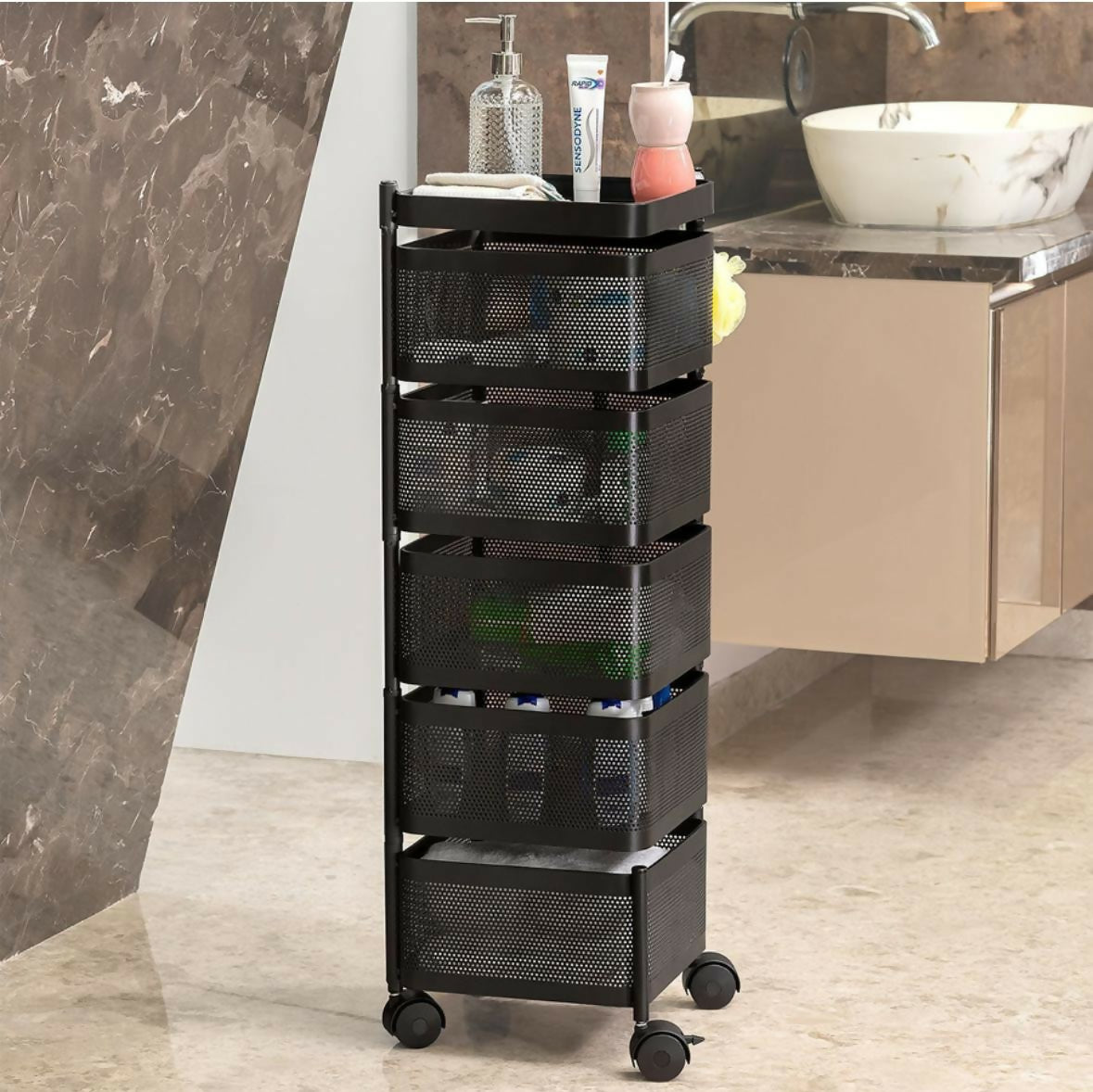 Square 5-Layer Stainless Steel Kitchen Trolley with Four Mesh Baskets & 360° Wheels