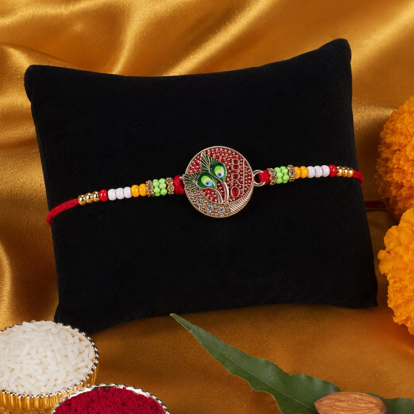Peacock Feather Beaded Rakhi Elegant & Lightweight for Brothers (5pcs)