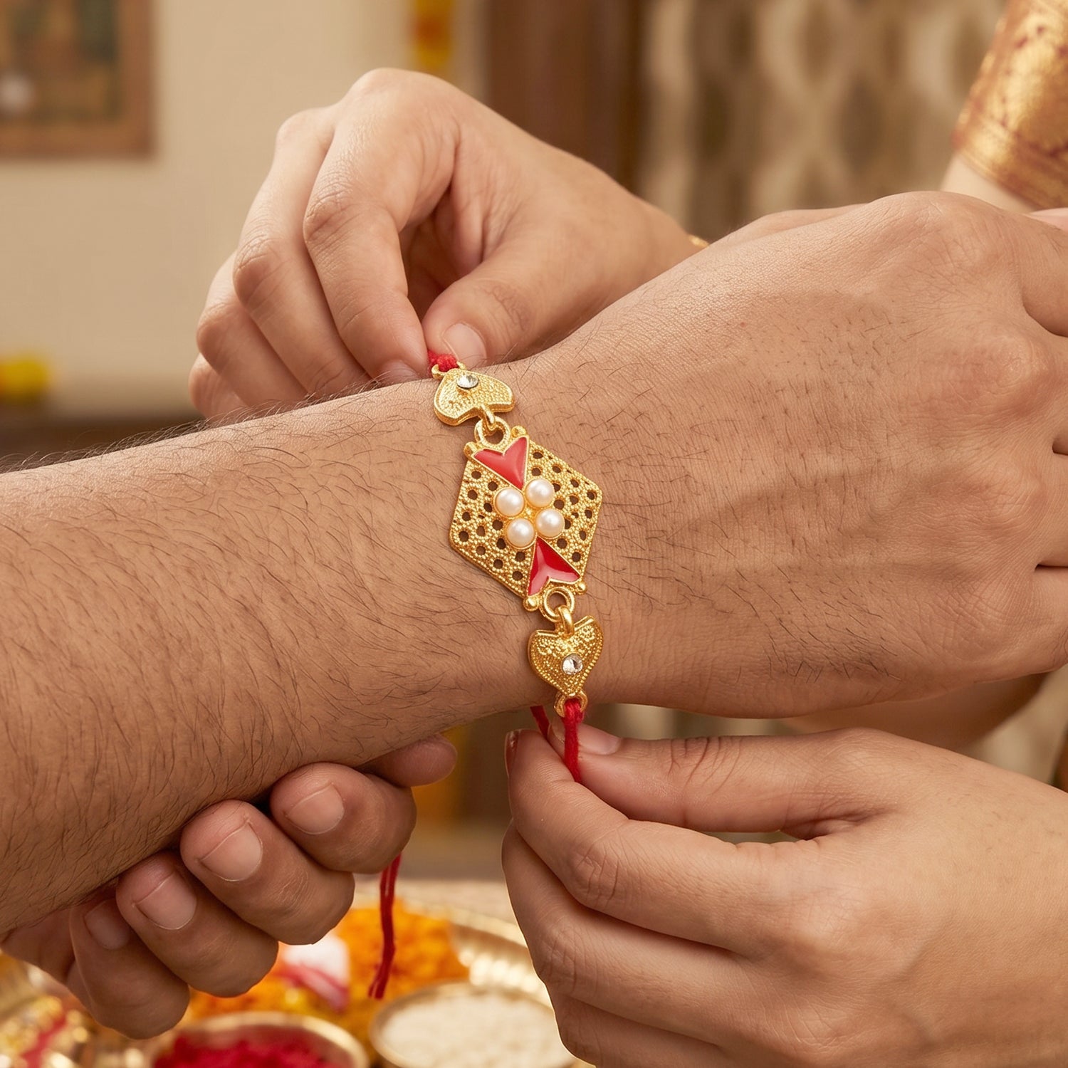 Royal Red Kundan Rakhi with Pearl Cluster and Gold Side Charms