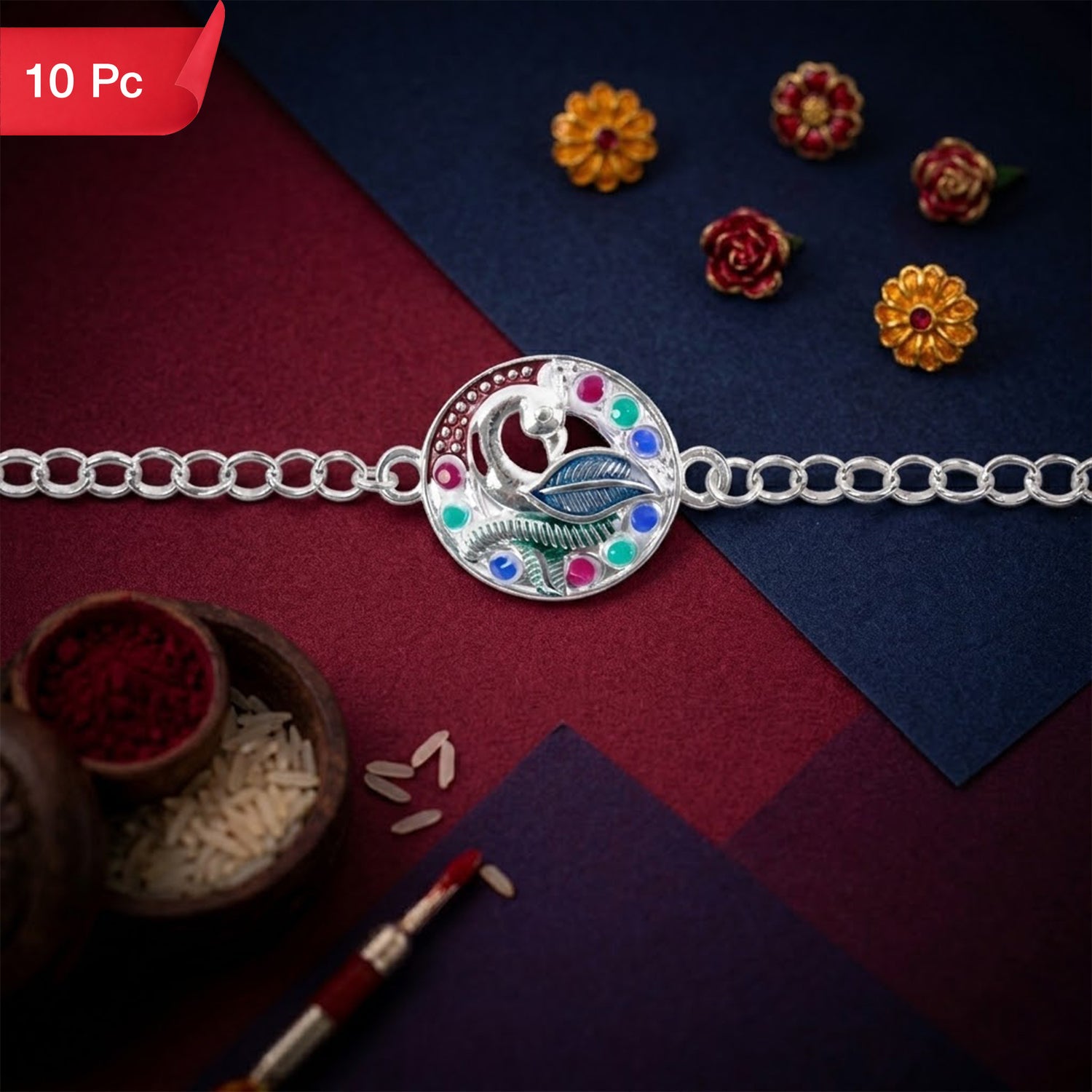 Peacock Enamel Rakhi for Brother Elegant Raksha Bandhan Gift (10pcs)