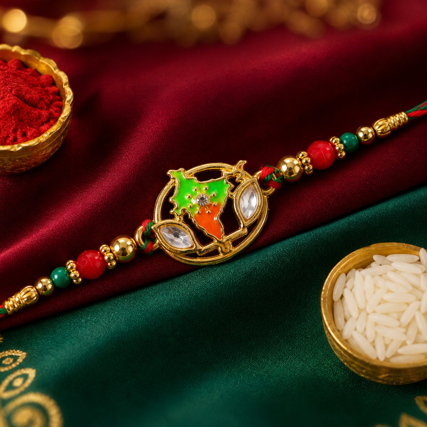 Bharat Map Pendant Rakhi with Kundan Stones and Red Beads
