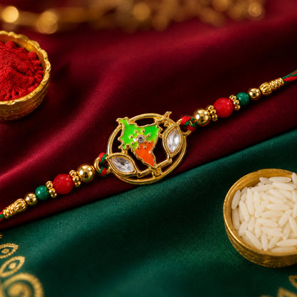 Bharat Map Pendant Rakhi with Kundan Stones and Red Beads