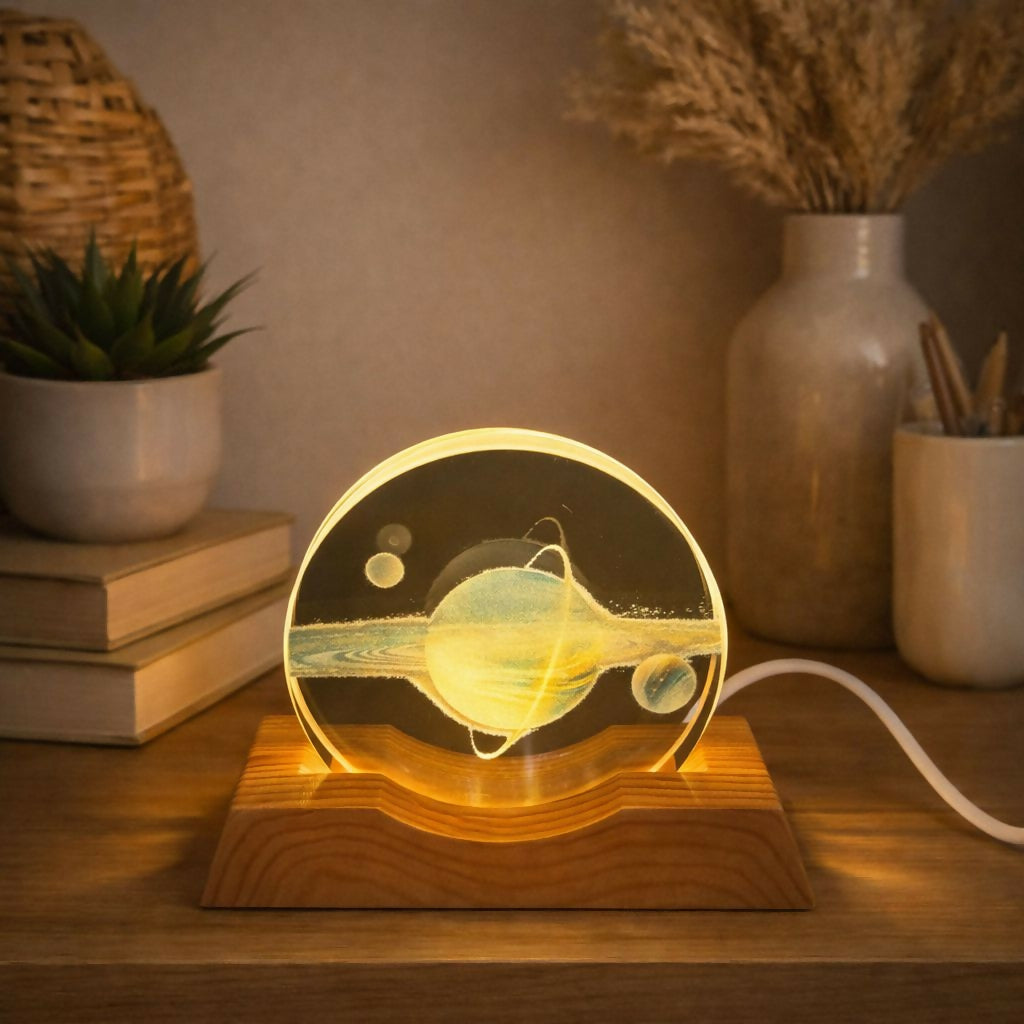 Saturn Planet 3D Acrylic LED Night Lamp with Wooden Base for Home Decor