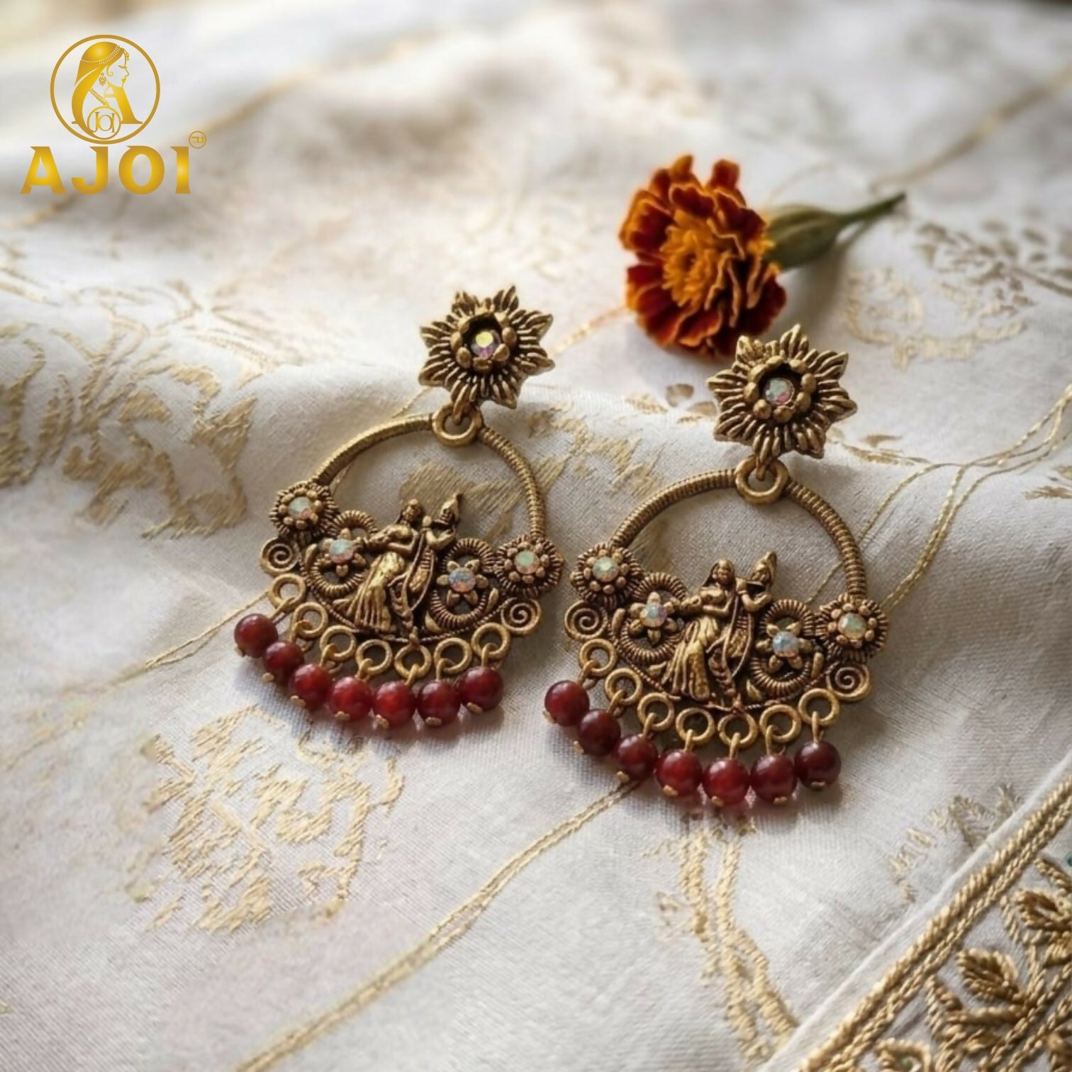 Maroon Bead Radha Krishna Antique Chandbali Earrings for Festive Wear