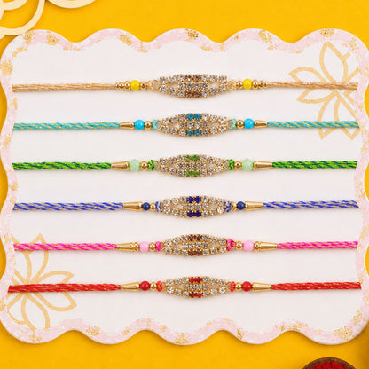Long Oval Centre Motif Rakhi in Mix Colour Threads (Pack of 6)