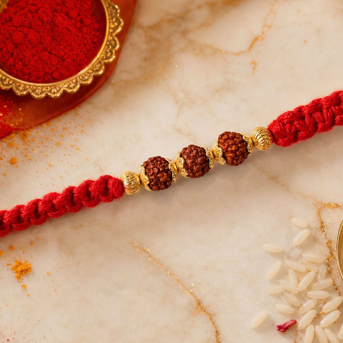 Red Braided Rakhi with Rudraksha Beads and Golden Bead Accents