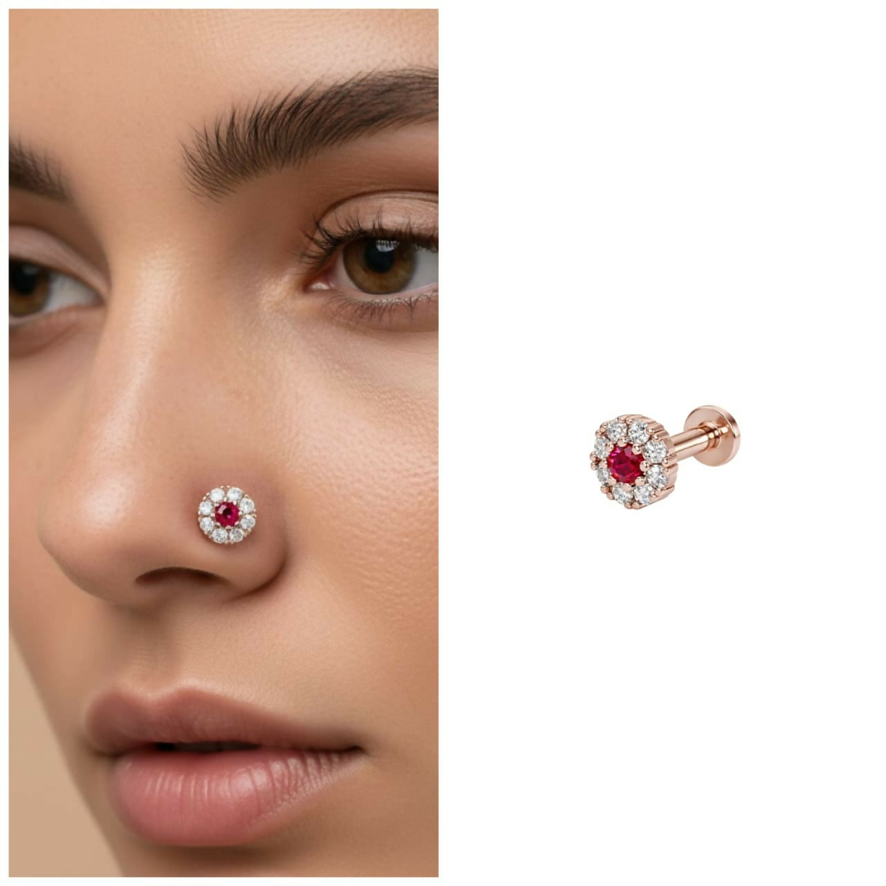 Jewelry display showcasing the ruby and diamond halo nose pin in rose gold