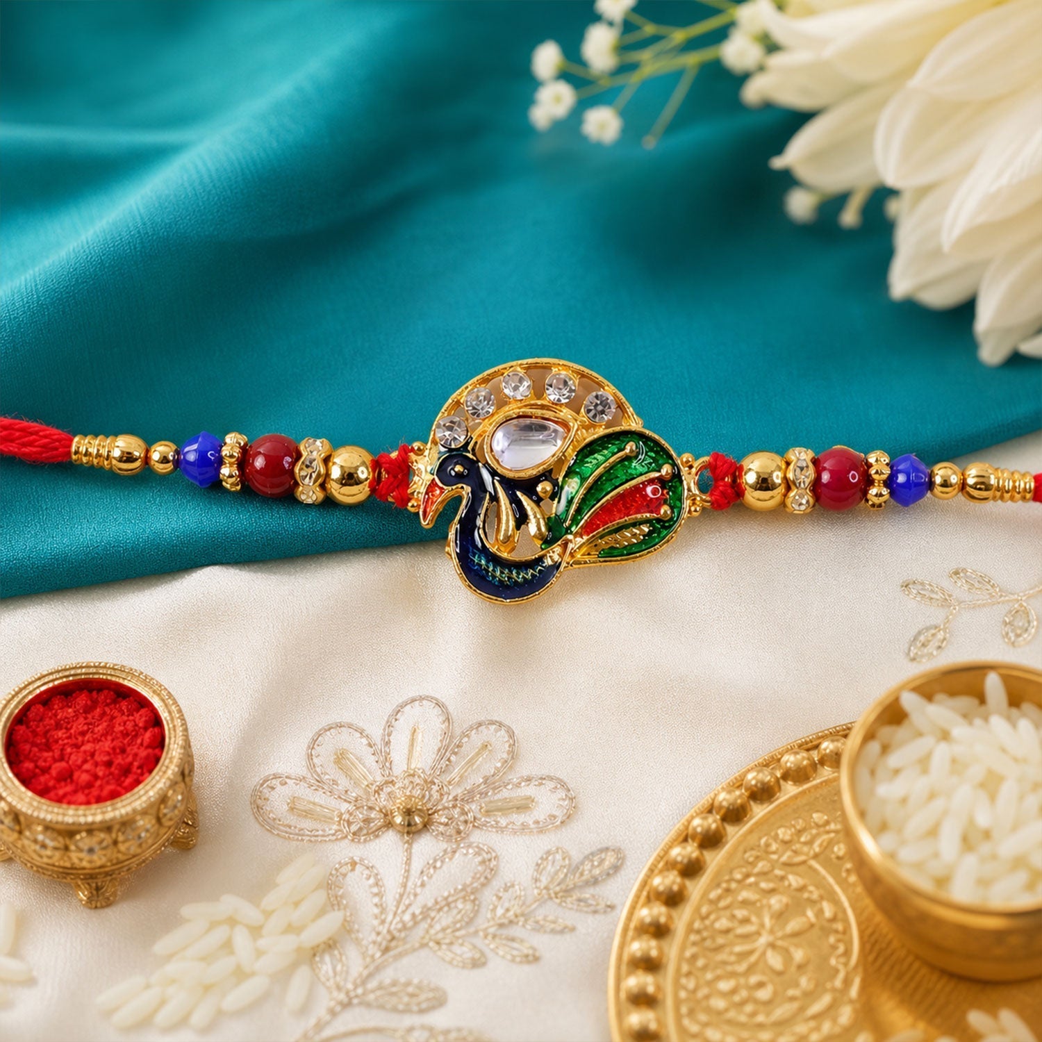 Peacock Stone Kundan Beaded Rakhi for Brother (10pcs)