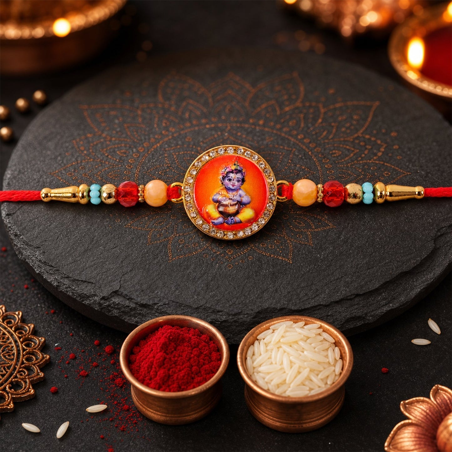Bal Krishna Photo Round Beaded Traditional Rakhi for Brother (5pcs)
