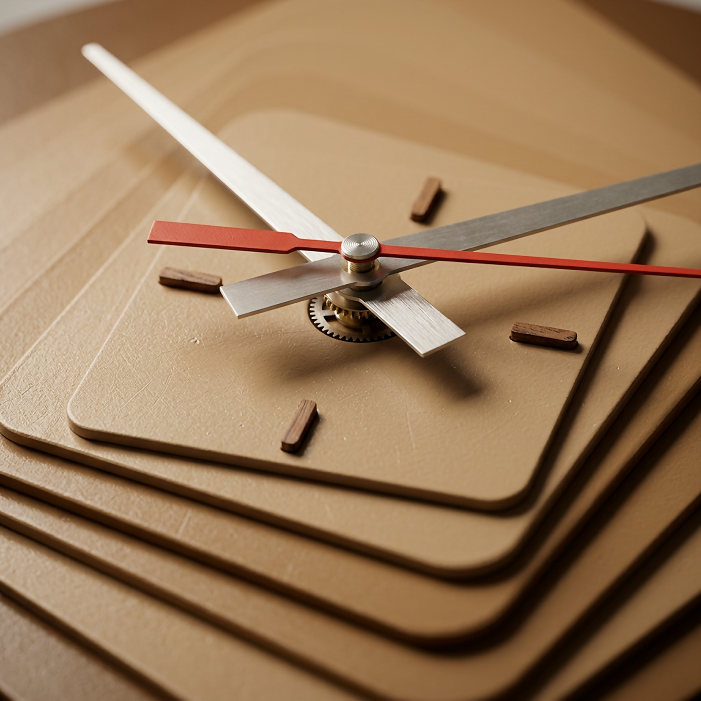Wooden wall clock with metallic hands detail
