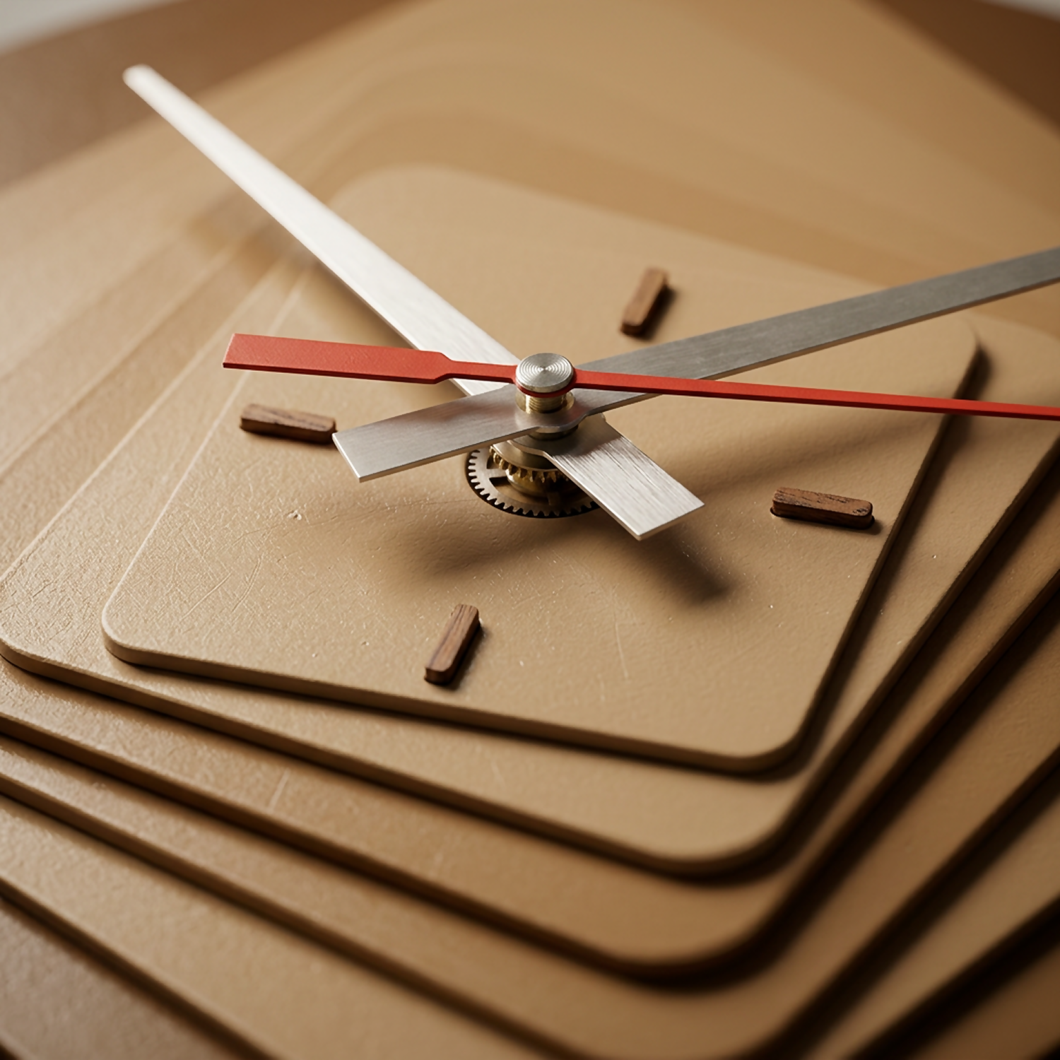 Wooden wall clock with metallic hands detail