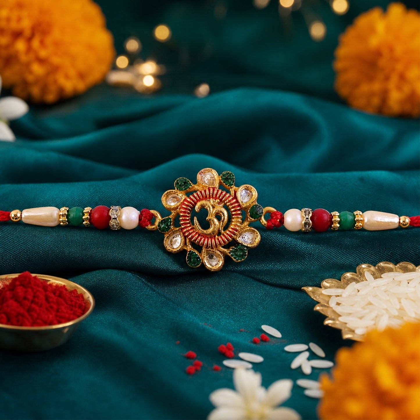 Om Motif Beaded Designer Rakhi for Raksha Bandhan Puja Wear (5pcs)
