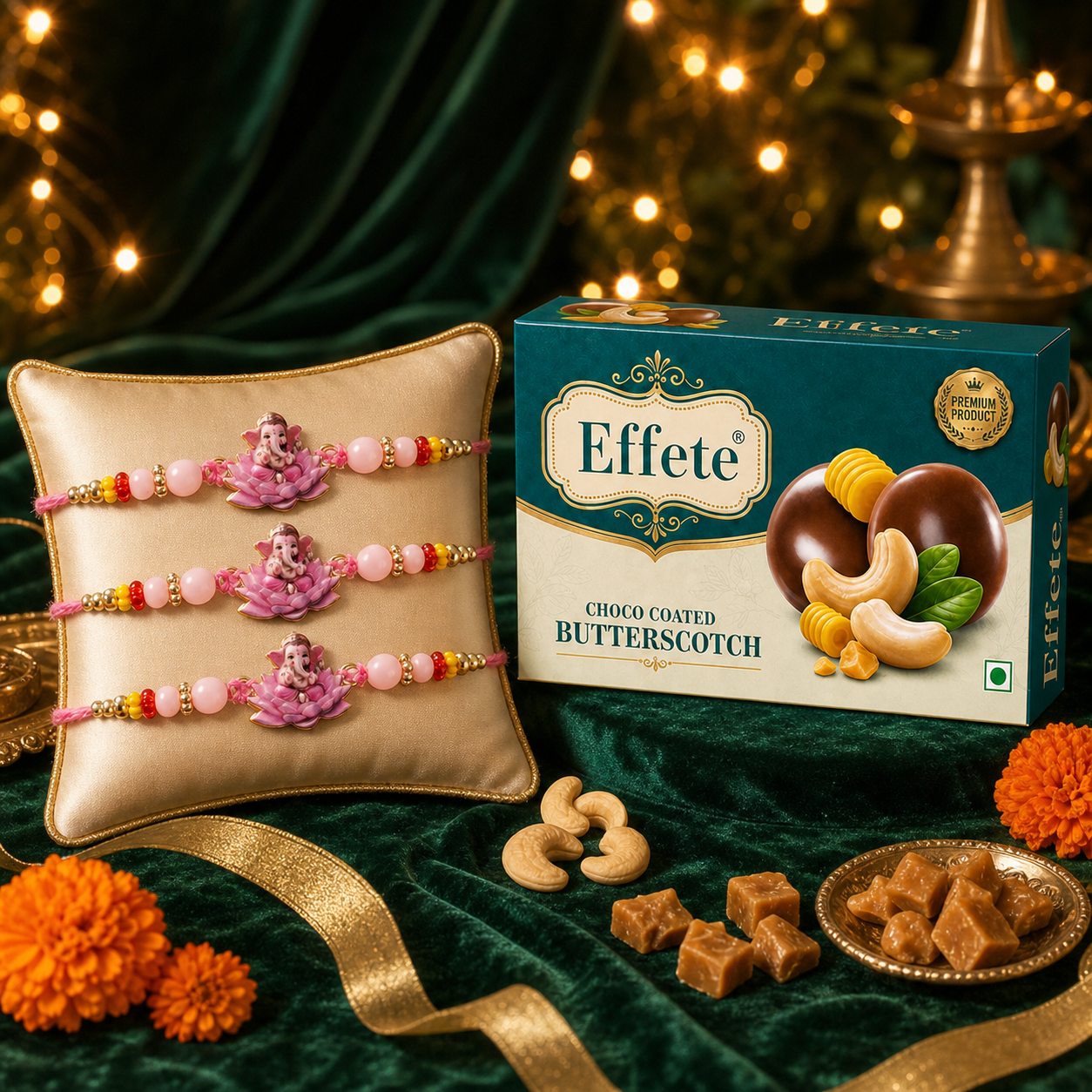 Pink Ganesha Rakhi Set with Choco Butterscotch, Pack of 3
