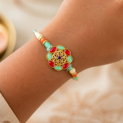 Round Floral Kundan Medallion Rakhi with Multicolor Beads