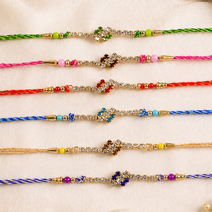 Compact Square Stone Rakhi in Mix Colour Threads (Pack of 6)