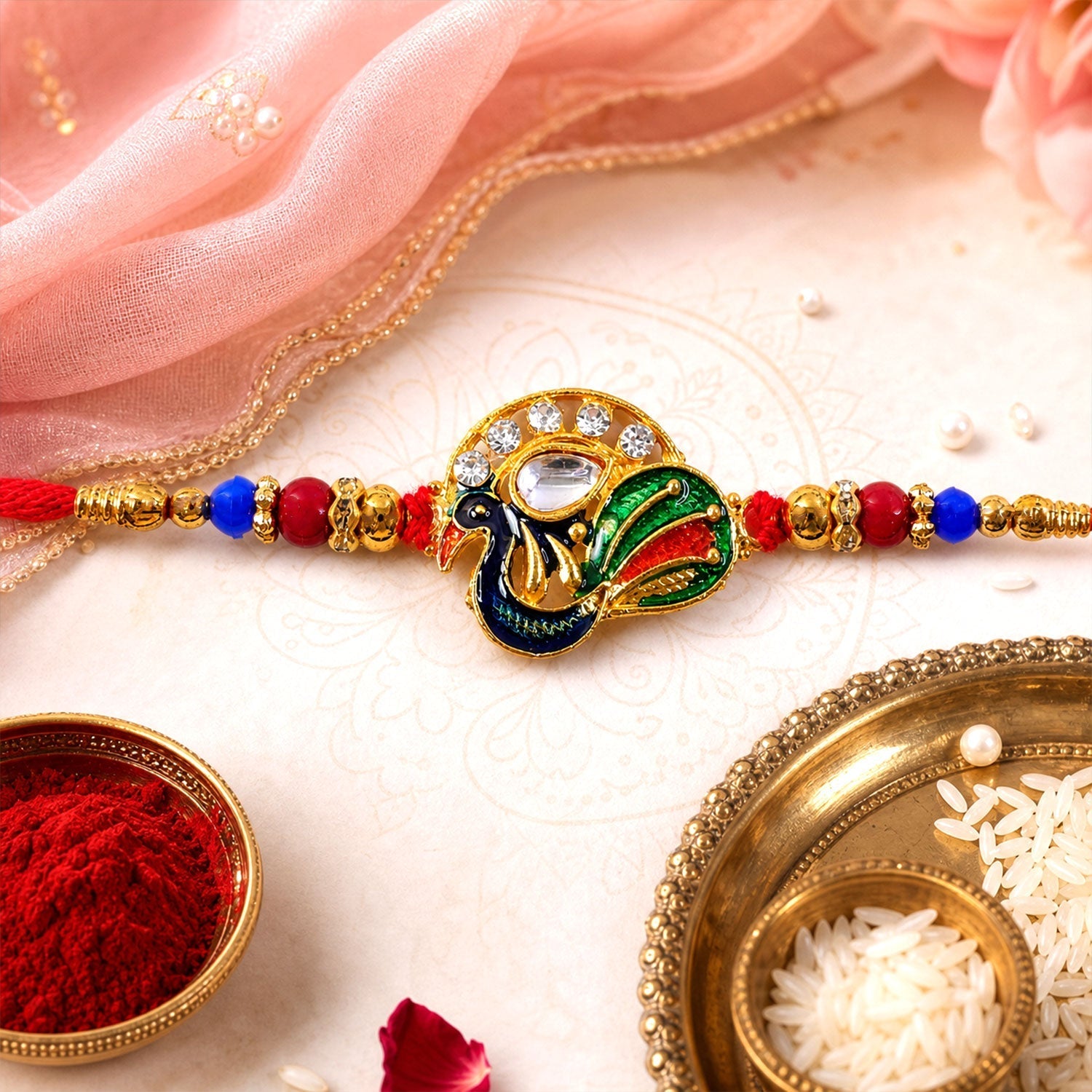 Peacock Stone Kundan Beaded Rakhi for Brother (10pcs)