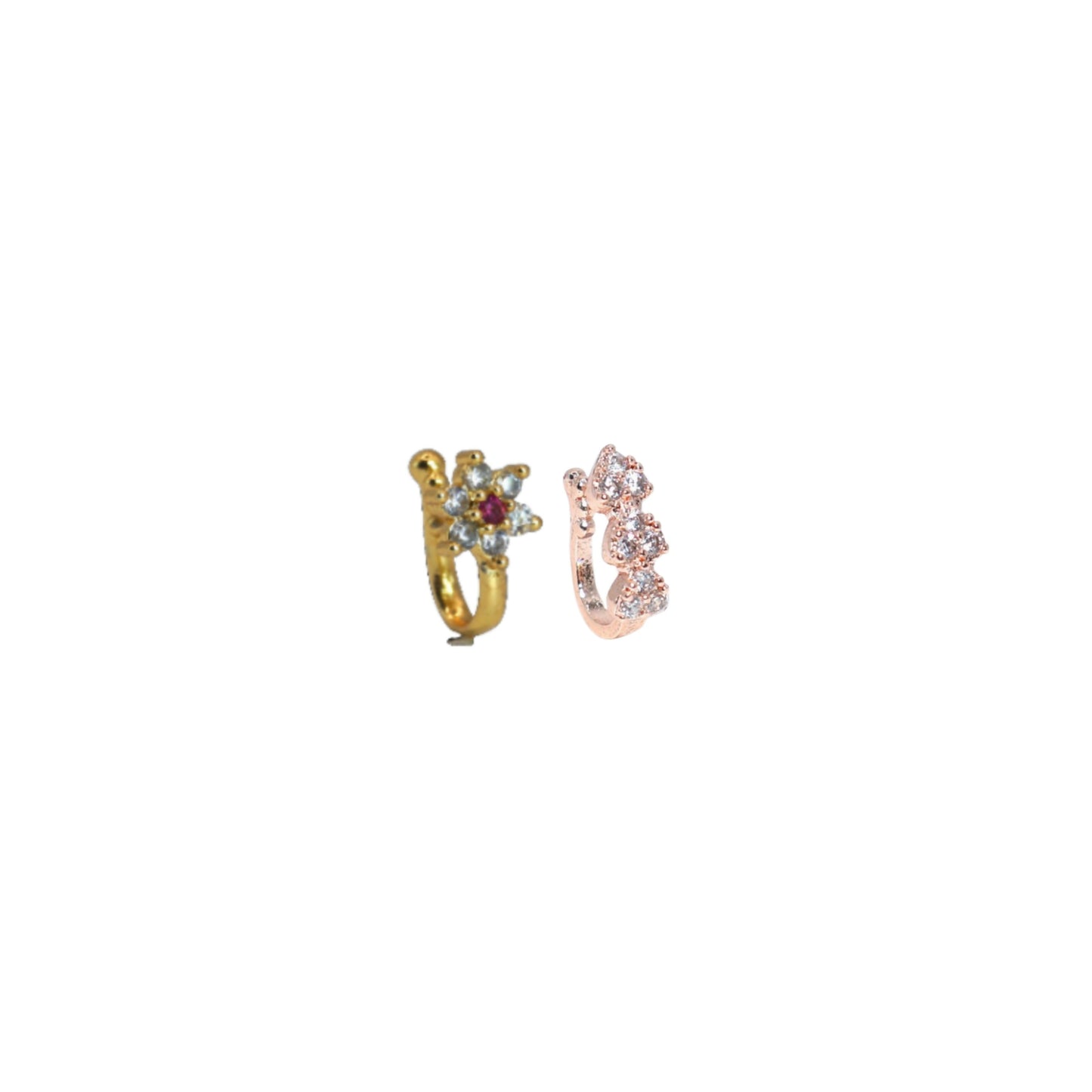 Triple Cluster CZ No Piercing Nose Ring Nath - Gold/Rose Gold Combo Pack of 2