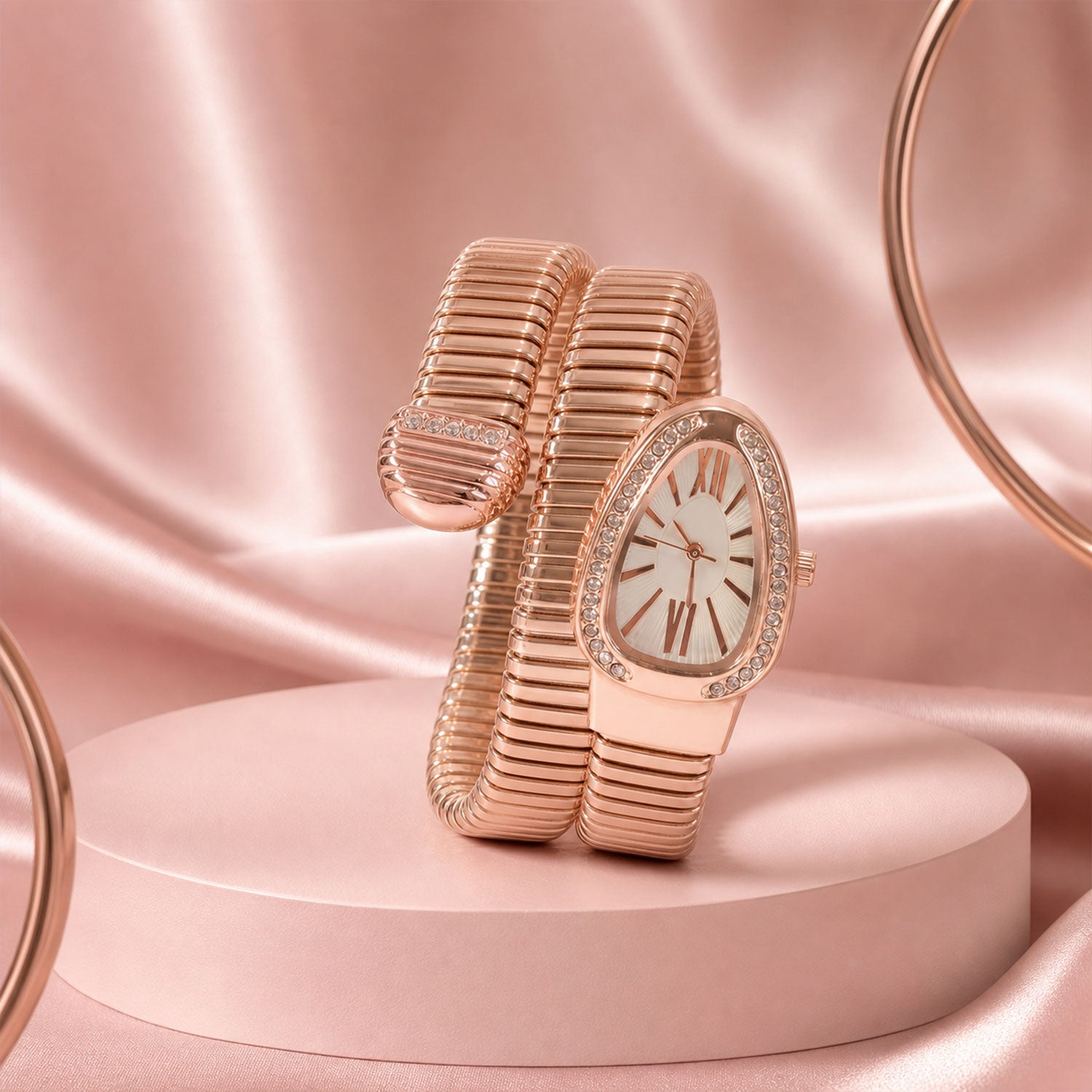 Rose Gold Snake Chain Bracelet Watch with Oval Dial Crystal Border for Women