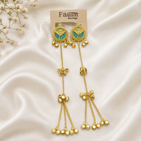 Ethnic Gold-Tone Artificial Long Chain Earrings with Cyan Meenakari Work & Ghungroo Tassels (Imitation Jewellery)