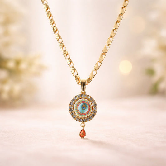 Gold Plated Evil Eye Pendant Necklace with Morpich Crystal Border