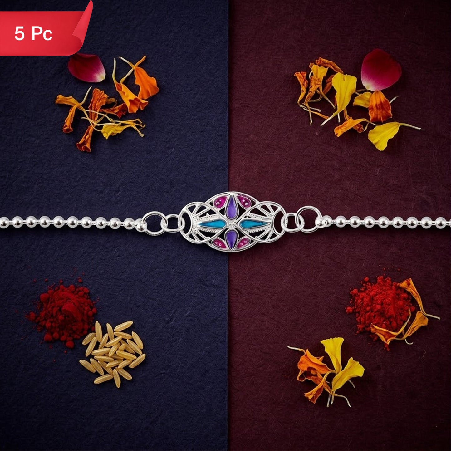 Oval Enamel Stone Charm Chain Bracelet Rakhi for Brother Elegant & Memorable (5pcs)
