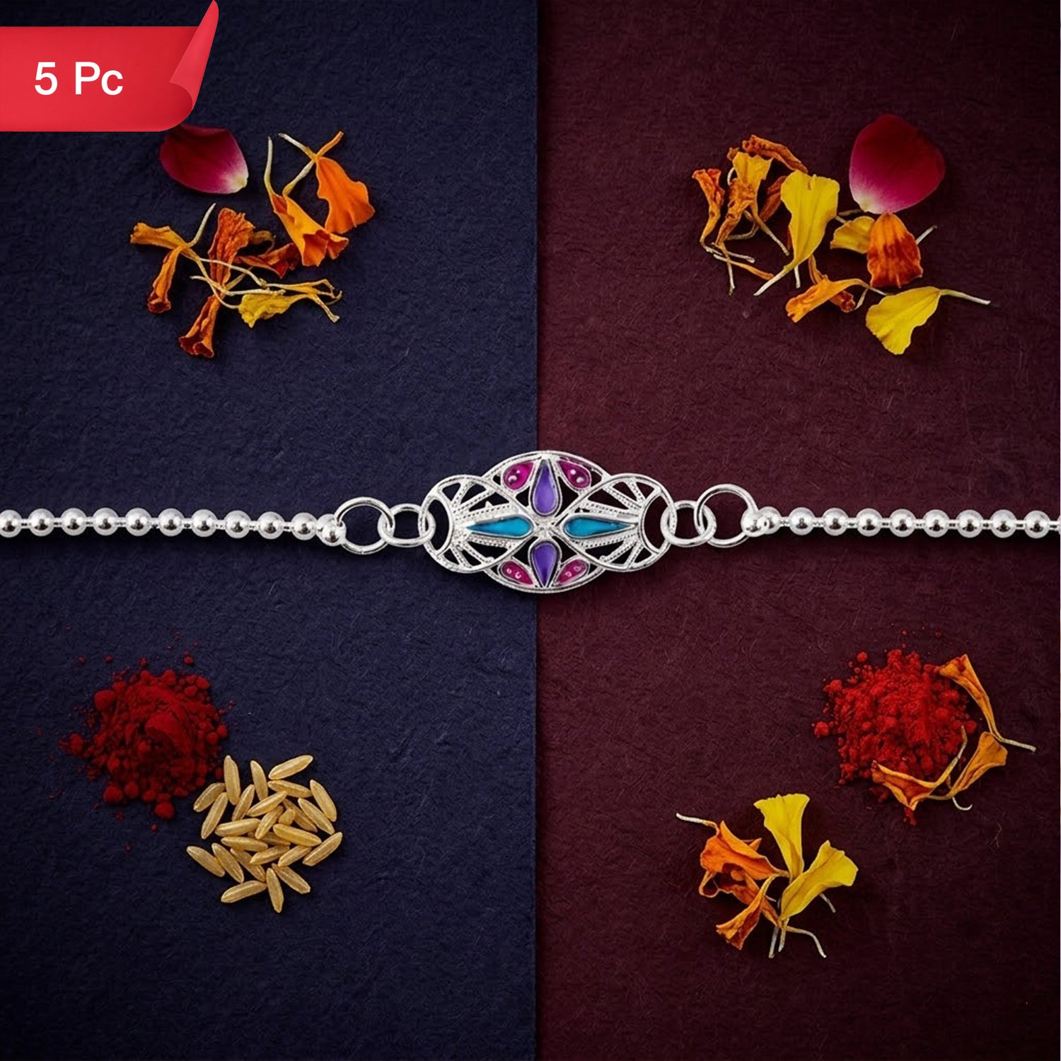 Oval Enamel Stone Charm Chain Bracelet Rakhi for Brother Elegant & Memorable (5pcs)