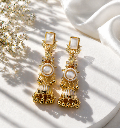 Close-up of premium gold-plated Kashmiri jhumka earrings showing intricate floral design